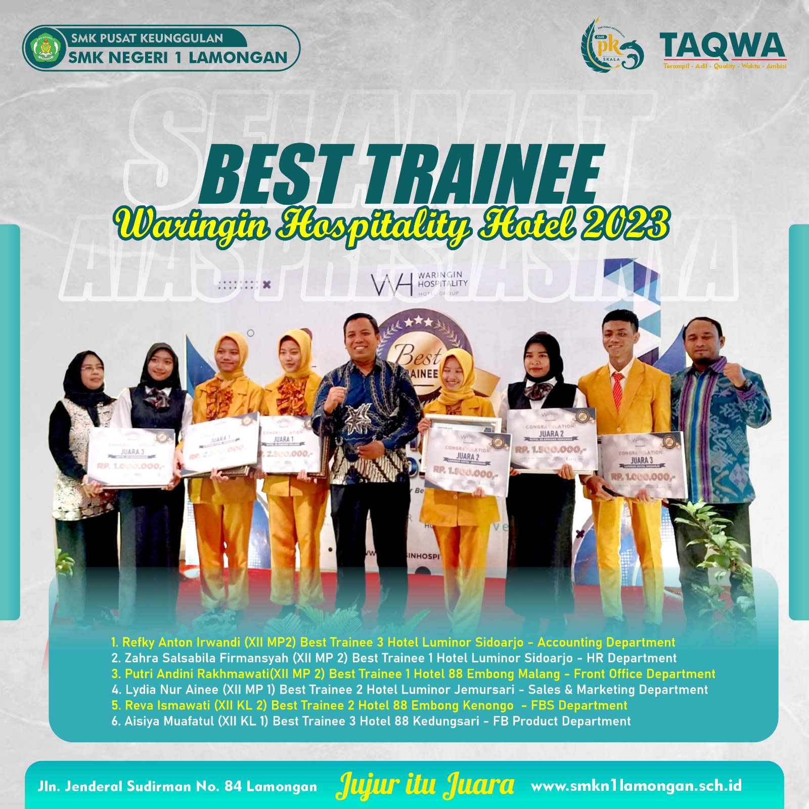 Enam Siswa SMKN 1 Lamongan Memborong Penghargaan Best Trainee Waringin Hospitality Hotel Grup 2023
