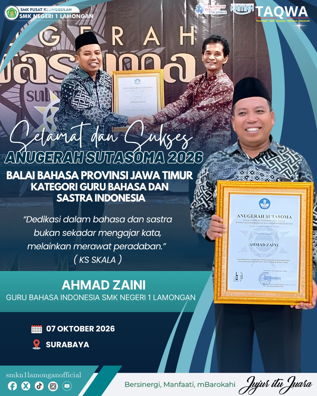 Bangga! Guru SMKN 1 Lamongan Raih Penghargaan Bergengsi Anugerah Sutasoma Kategori Guru Bahasa dan Sastra Indonesia 